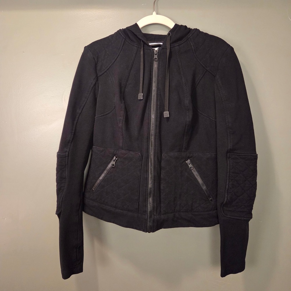 Blanc Noir Women's Denim & Sweatshirt Moto Jacket Hooded, Size L, Black